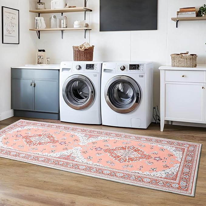 Tepook 2x6 Vintage Runner Rug - Low Pile Washable Non-Slip Carpet for Hallway, Kitchen, Bedroom, Entryway, Laundry Room, Bathroom - Indoor Throw Rug in Red