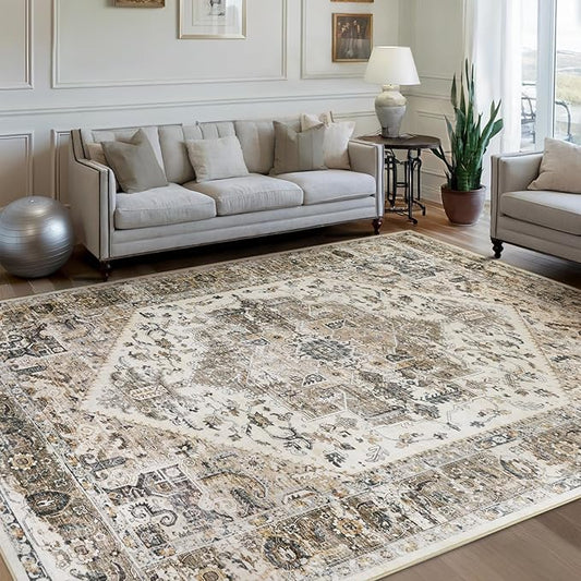 Area Rugs for Living Room 9x12 - Large Machine Washable Vintage Oriental Soft Rug, Low Pile Thin Carpet with Non Slip Backing for Bedroom, Dorm, Under Dining Room Table, Indoor House, Office Decor