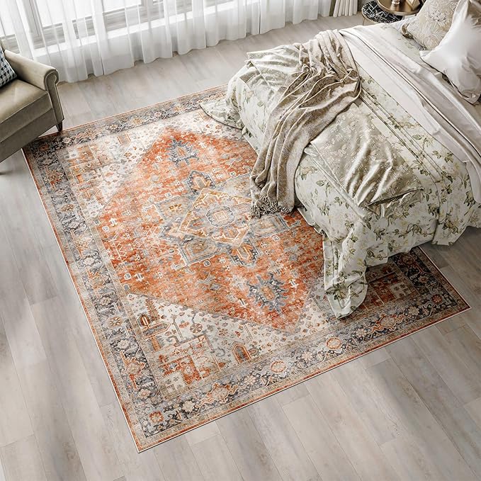 Dripex 4x6 Area Rugs, Machine Washable Non Slip Boho Rugs,Distressed Bedroom Rug, No Pile Lightweight Vintage Rug, Floor Carpet for Living Room,Dining Room and Office,Orange