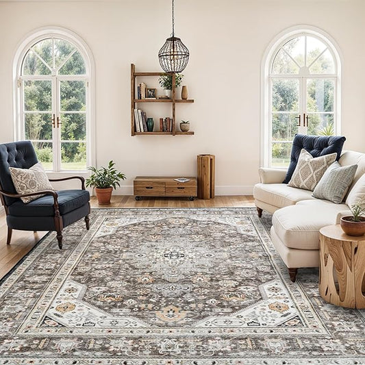 Washable Area Rug - 8x10 Bedroom Living Room Large Indoor Rugs Soft Oriental Vintage Rugs Non-Slip Backing Stain Resistant for Farmhouse Kitchen (8x10 Brown)