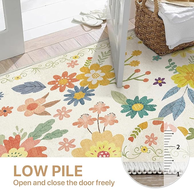 Bavni 4x6 Rugs for Living Room, Lightweight Machine Washable Non Slip Area Rug, Foldable Floral Rugs for Bedroom Dining Room Kids Room, Ultra-Thin Aesthetic Boho Soft White