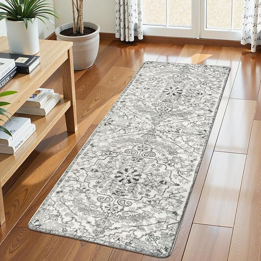 Lahome Washable Runner Rug 2x5, Bohemian Laundry Room Rug Low Pile Bathroom Runner Rugs with Rubber Backing, Printed Non-Slip Throw Carpet Runner for Kitchen Hallway Bedside, Beige