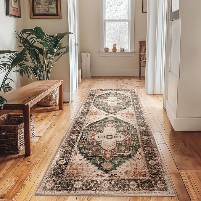 Washable 2x6 Area Rugs, Rugs for Living Room, Low-Pile Water&Stain Resistant Carpet Vintage Distressed Printed Non-Slip Carpet for Bedroom Bathroom Kitchen-Green