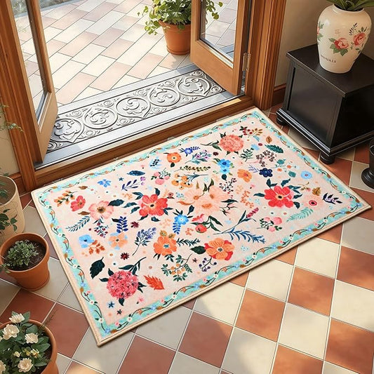 2x3 Small Floral Rug for Entryway, Flowers Printed Washable Rugs with Non Slip Backing for Girls Bedroom Kitchen, Cute Throw Carpet Front Door Entry Decor, Peach White