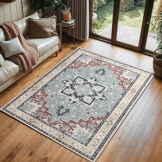 3x5 Area Rug, Vintage Floral Rug for Living Room, Small Area Rugs for Bedroom, Non-Slip Washable Rug, Traditional Persian Boho Style, Fluffy Low-Pile Soft Carpet, Beige Orange