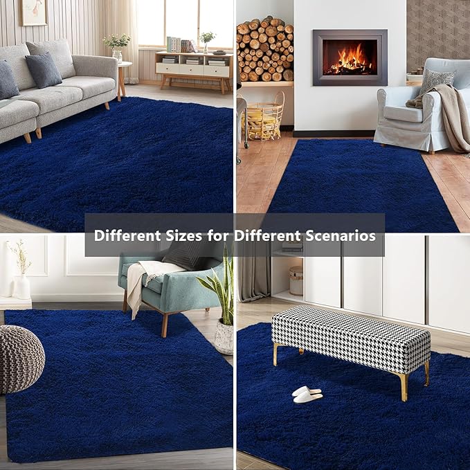 Shag Area Rugs for Bedroom Living Room,5X8 Ultra Soft Fluffy Area Rugs for Dorm, Indoor Carpet Nursery Rugs for Kids Girls Room Home Decor, Navy Blue