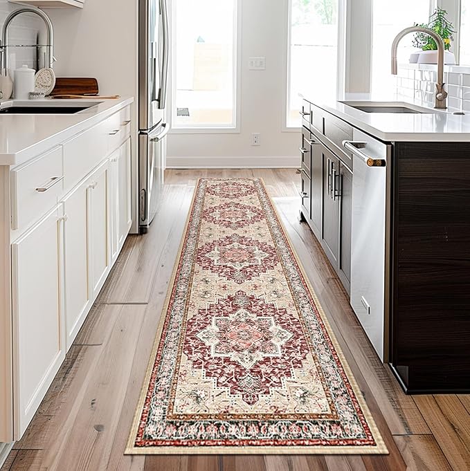 BESTSWEETIE 2x10 Area Rugs for Living Room, Washable Ultra Soft Boho Vintage Print Pattern Rug Non Slip Low Pile Carpet for Dining Room Bedroom Entryway Indoor-Wine/Natural/Red/Black