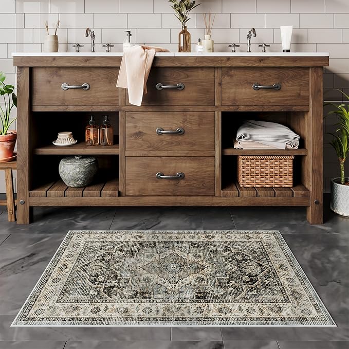 Dripex 2x3 Area Rugs, Machine Washable Non Slip Boho Rugs,Distressed Small Entryway Rug Doormat, 0.24" Low Pile Vintage Rug, Floor Carpet for Front Entrance Kitchen Bathroom,Dark Blue and Green