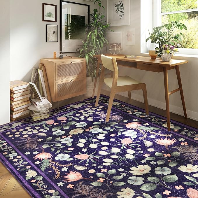 Area Rugs for Living Room, Non-Slip 4x6 Washable Rug for Bedroom,Vintage Floral Carpet for Entryway Office Kitchen Dining Room, Purple