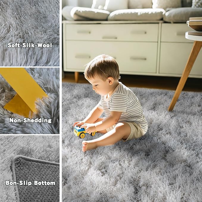 Grey Fluffy Rug for Bedroom 5x7 Feet - Ultra Soft & Anti-Skid Shaggy Area Rug, Comfy Durable Carpet for Living Room & Kids Dorm Nursery, Home Decor Aesthetic
