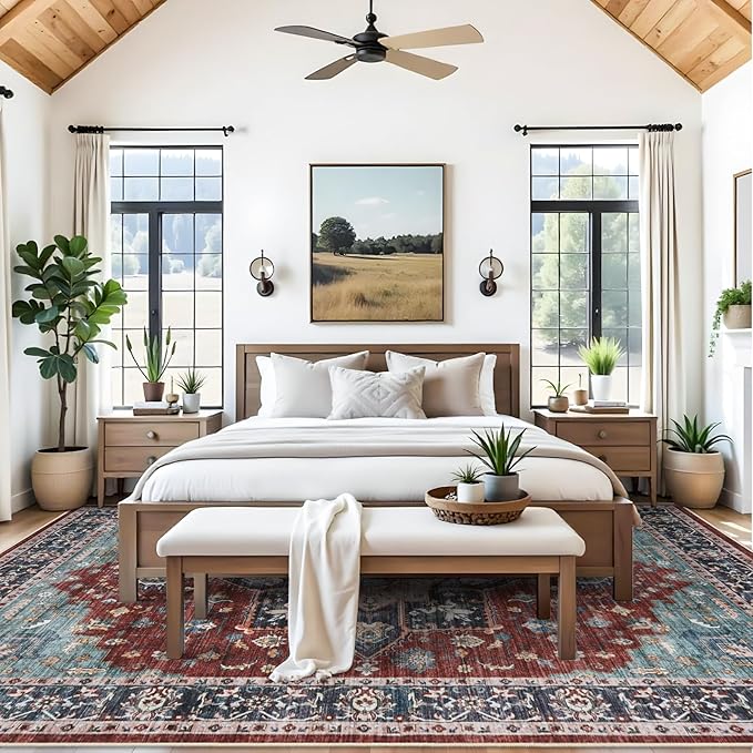 RUUGME Washable 9X12 Area Rugs - Large Boho Rugs for Living Room Stain Resistant Carpet Vintage Tribal Rugs for Bedroom Kitchen Bathroom with Non Slip Backing Home Decor Floor Decoration Mat 9x12 Red