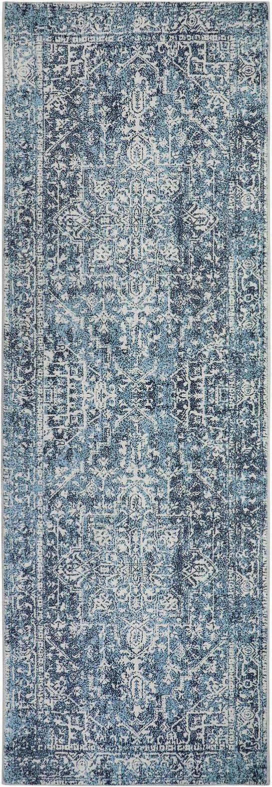 Morebes Vintage Runner Rugs for Hallway 2x6, Blue Washable Kitchen Runner Rug Non-Slip, Distressed Soft Low Pile Non-Shedding Indoor Floor Carpet for Entryway Bathroom Bedroom