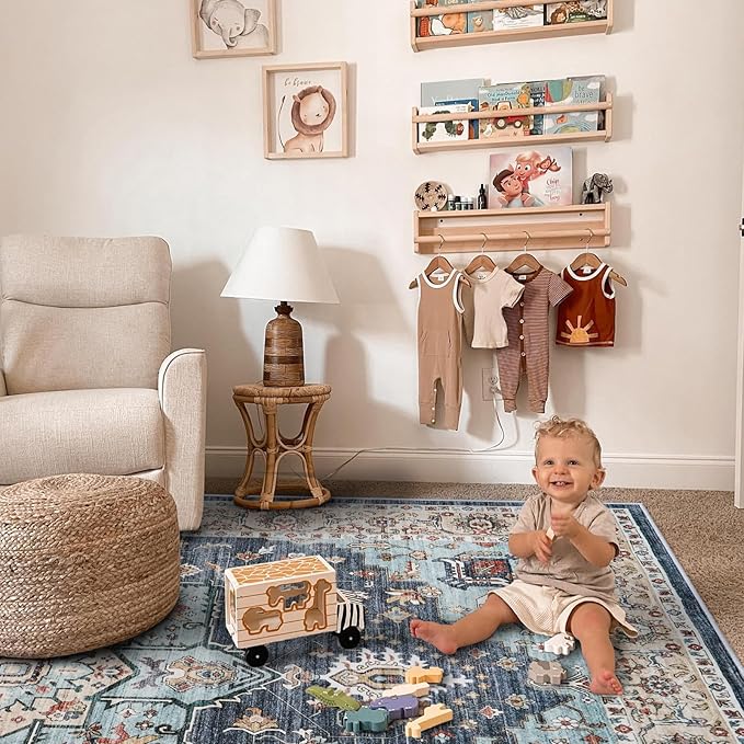 Washable Oriental Hallway Runner Rug - 3x12 Rugs for Living Room Soft Carpet for Bedroom Kitchen Waterproof Floral Distressed Indoor Stain Resistant Non-Shedding Floor Carpets (Blue/Teal/Orange, 3X12)