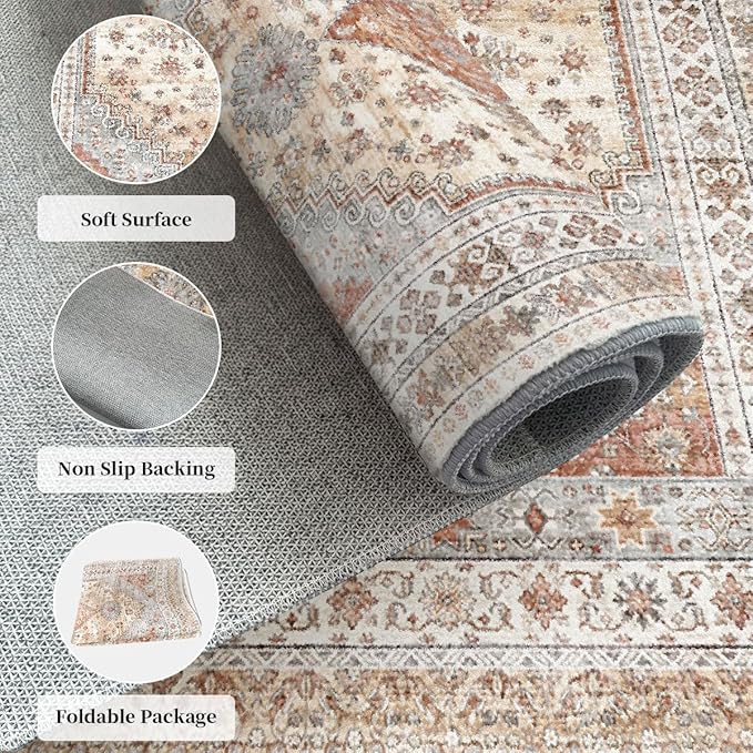 Oversized Rug for Living Room-Machine Washable Area Rugs 9'x12' for Bedroom, Non-Shedding Faux Wool Vintage Design Boho Low Pile Mat Rugs,Stain Resistant Rugs with Non-Slip Backing（Light Color）