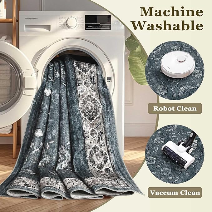 3x5 Washable Area Rugs for Living Room Stain-Resistant Bedroom Rug with Non-Shedding &Slip Faux Wool,Vintage Floral Aesthetic Carpet Foldable for Indoor Dining Room