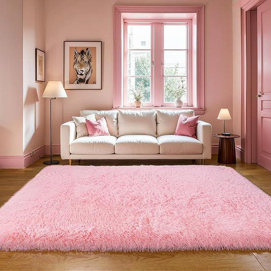 Thick Area Rug 5x8 Pink Fluffy Fuzzy for Girls Bedroom, Washable Plush Pastel Big Rugs for Living Room, Modern Soft Shag Shaggy Furry Thickened Toddler Nursery Kids Dorm Room Carpet
