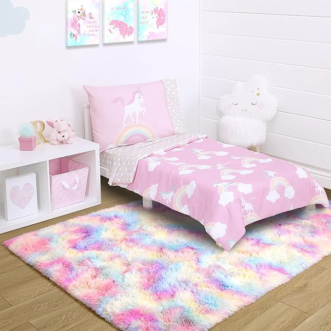 Noahas 3x5 Fluffy Pink Kids Rugs for Room,Rainbow Rug for Girls Bedroom,Soft Playroom Shag Nursery Carpets Room Decor