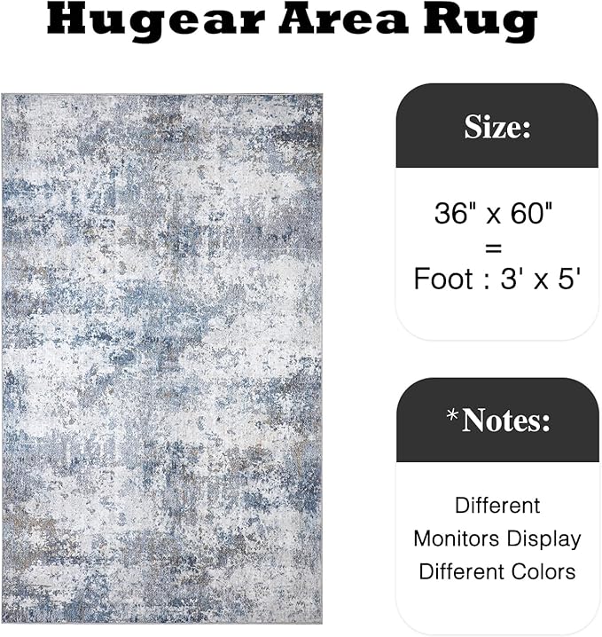 3x5 Washable Rug Grey Blue Entryway Rugs Hallway Area Rug Indoor Accent Rug Abstract Non Slip Low Pile Carpet Distressed Throw Rugs for Bedroom Living Office Dining Kitchen