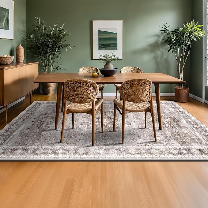 Washable Neutral Farmhouse Living Room Rug, 6x9 Area Rugs for Bedroom, Dining Room Under Table Carpet, Kids Room, Large Boho Vintage Non-Slip Floral Rugs Low Pile Stain Resistant (6x9 Beige/Latte)