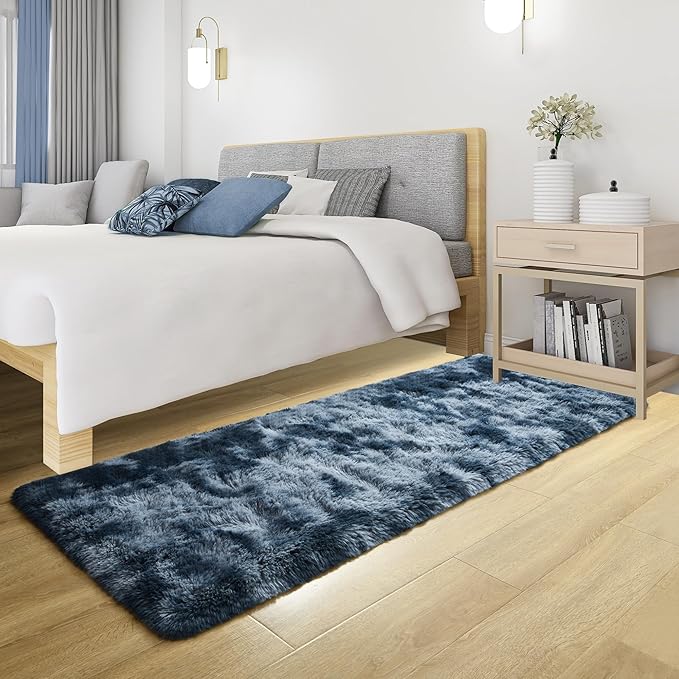 Tepook Fluffy Runner Rugs for Bedroom Aesthetic 2x6 Feet, Shag Soft Bedside Rug with Non-Slip Bottom, Fuzzy Plush Carpet for Room, Hallway Rug for Nursery Dorm Indoor Home Decor, Tie-dye Dark Blue