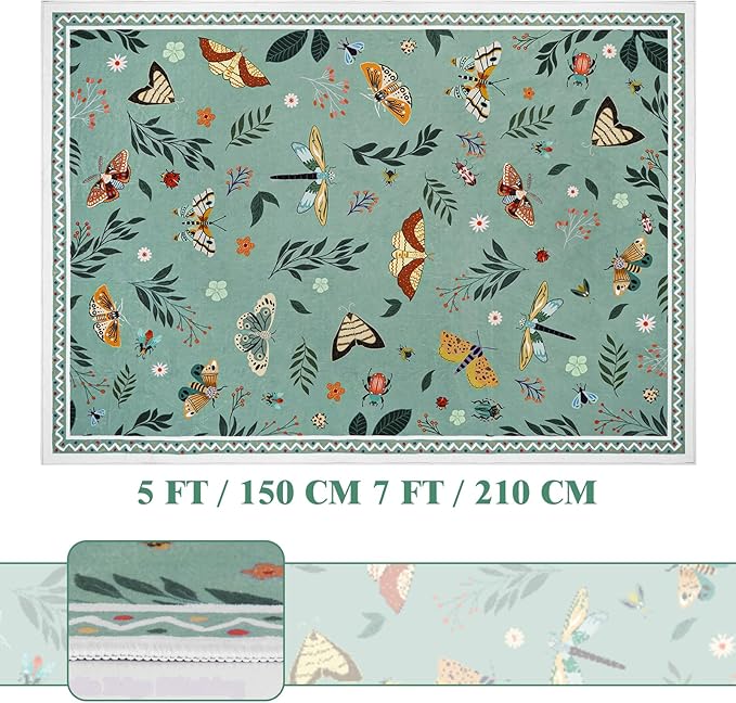 ASPMIZ Insect Area Rug 5X7, Green Bedroom Rug Non Slip, Spring Summer Washable Rug Farmhouse Butterfly Living Room Rugs Low Pile, Soft Faux Wool Throw Carpet for Dining Room Office Nursery, Green