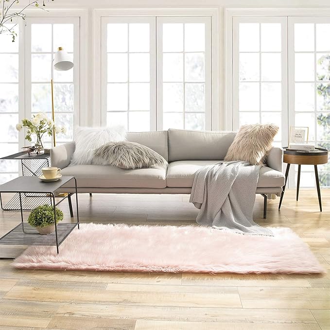 Ashler faux fur rug, Fluffy Shaggy Area Rug Ultra Soft 2.2 x 6 Feet Rectangle Fur Rug, Pink Fuzzy Rug Machine Washable Shag Rug, Nursery Decor Throw Rugs for Bedroom, kids room, Living Room