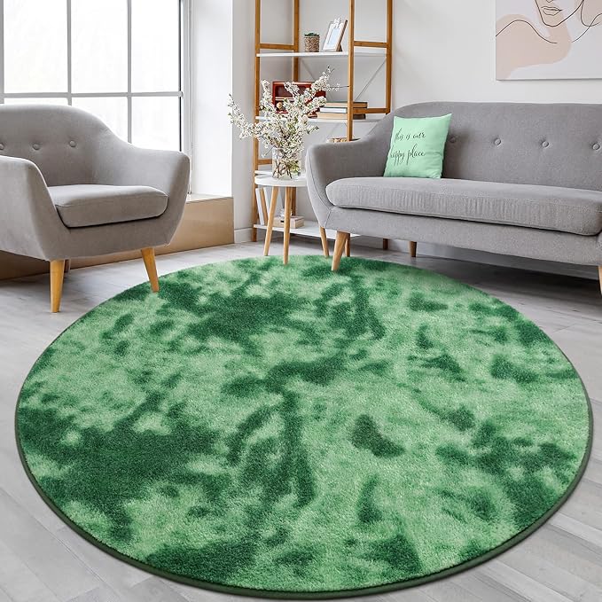 Lascpt Round Rug for Bedroom 7x7, Tie-Dyed Green Circle Rug for Living Room Super Soft Thicken Memory Foam Circular Rug, Indoor Area Rug for Modern Home Decor, Round Carpet for Nursery Kid's Room