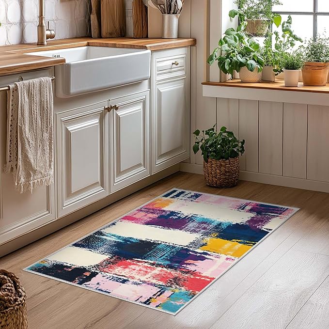 2x3 Entryway Rug Abstract Colorful Area Rug Ultra-Thin Soft Small Carpet Bathroom Non Slip Indoor Entrance Low Pile Door Mat Kitchen Stain Resistant Washable Machine