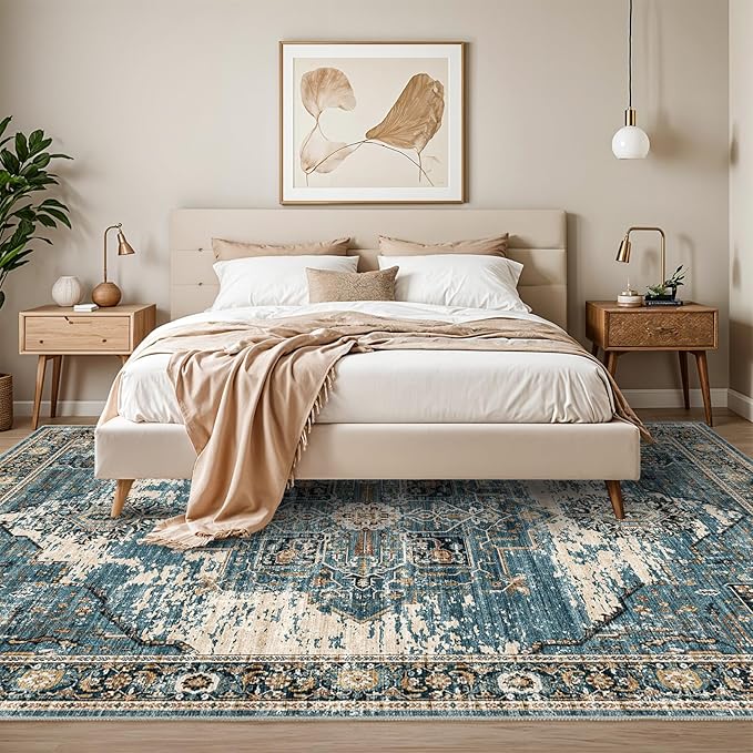 Washable 10x14 Area Rugs - Large Rugs for Living Room Stain Resistant Carpet Vintage Rugs for Bedroom with Non Slip Backing Home Decor Floor Decoration Mat 10x14 Blue