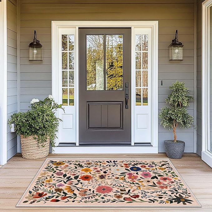 3x5 Entryway Rug Boho Floral Area Rug Bedroom Bedside Ultra-Thin Soft Small Carpet Bathroom Non Slip Indoor Entrance Low Pile Door Mat Kitchen Stain Resistant Washable Machine