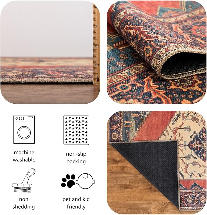 Keen Home Design 2x10 Rug - Machine Washable Runner Rug with Non-Slip Backing, Ideal for Hallway, Entryway, Kitchen, Laundry Room - Vintage, Easy Clean, Durable, Low Pile Rug - (2'6" x 10')