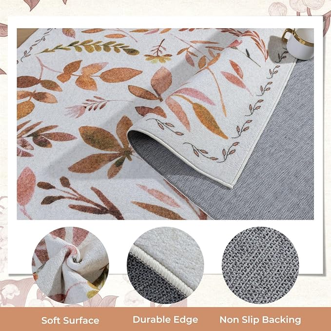 Syalife 2x3 Area Rugs, Non Slip Washable Small Rugs for Entryway, Kitchen, Bathroom, Kids Room, Low Pile Entry Throw Rug Indoor Front Door Mat (Orange Leafy, 2'x3')