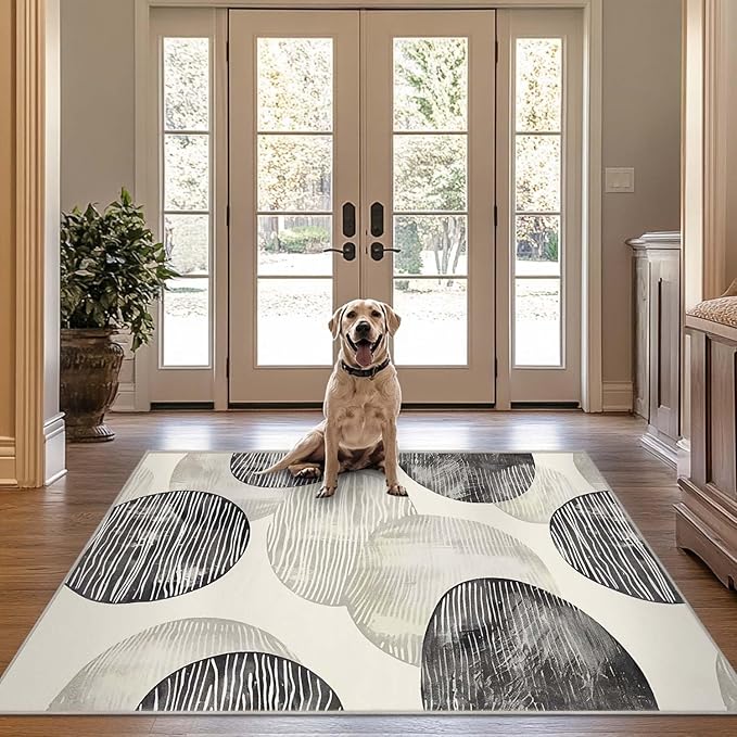 4x6 Rug Abstract Minimalist Black Beige Circle Modern Neutral Area Rug Bedroom Ultra-Thin Soft Low Pile Large Carpet Living Room Non Slip Dining Room Office Stain Resistant Washable Machine