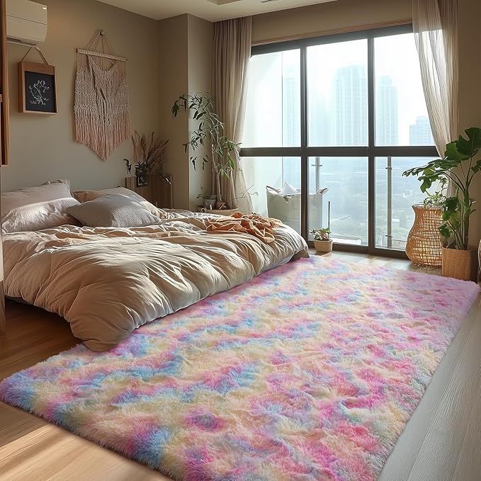 Zentavio Unicorn Rugs for Girls Room 5x8 Area Rugs for Living Room Carpet for Bedroom Washable Soft Fluffy Shag Aesthetic Plush High Pile Throw Rug for Nursery Kids Room Dorm Room Rainbow