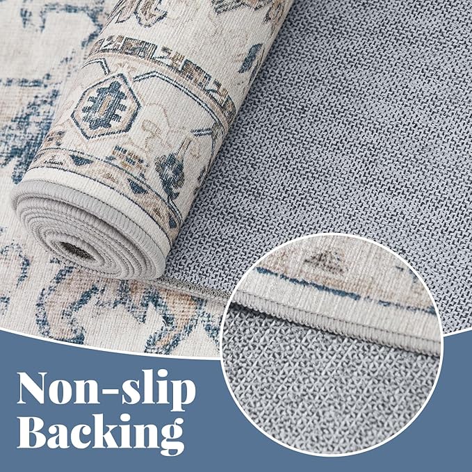 jinchan Hallway Runner Rug 2x10 - Kitchen Washable Rug Floral Runner Non Slip with Rubber Backing Ultra-Thin Vintage Carpet for Bedroom Laundry Room Living Room (2x10ft,Blue)