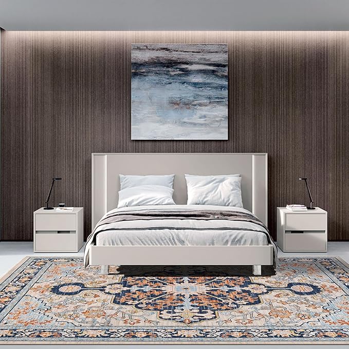 U'Artlines Boho Vintage Area Rug 8x10 Machine Washable Low Pile Soft Floor Carpet Non Slip Non Shedding Accent Rug for Living Room Bedroom Entryway Dining Room Office Orange Blue