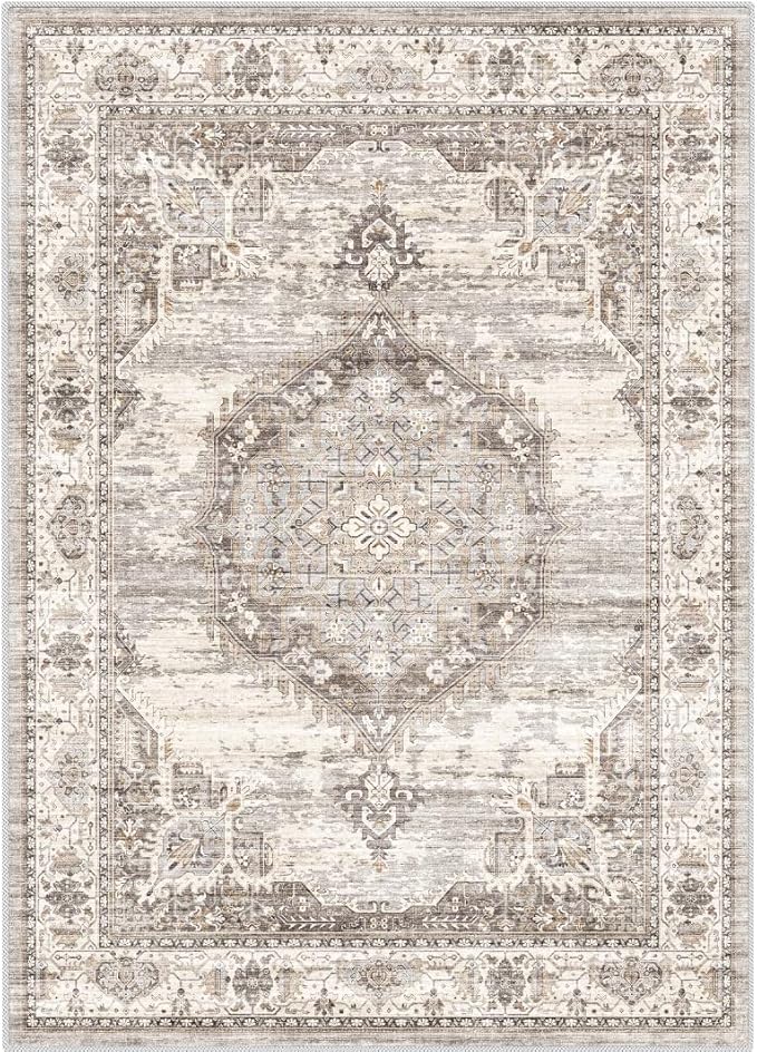 Washable Living Room Area Rug：8x10 Bedroom Rugs - Farmhouse Distressed Printed Floral Carpet - Foldable Non-Shedding Floor Carpet for Dining Room 8'x10' Beige