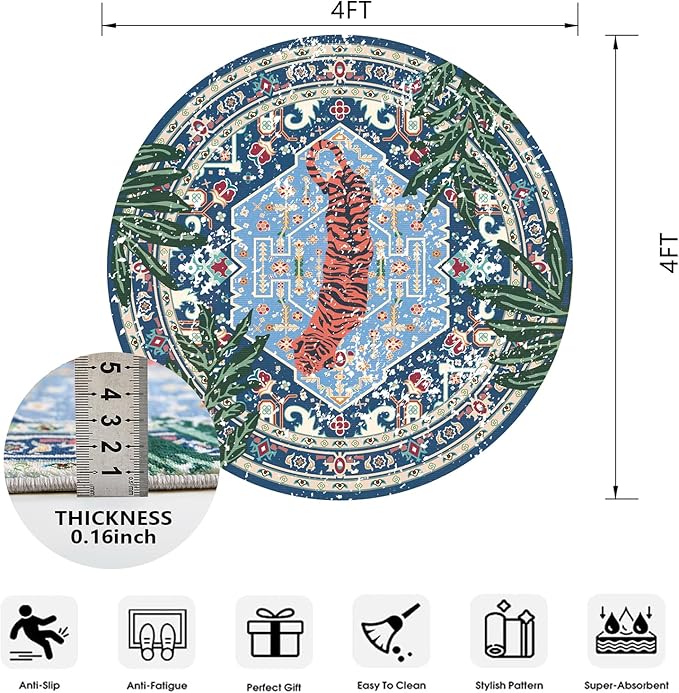 Washable Blue Rugs Thin Oriental Boho Vintage Tropical Leopard 4ft Round Area Rugs for Bedroom Kitchen Dining Living Room Office Distressed Jungle Plants Indoor Entryway Circle Carpet