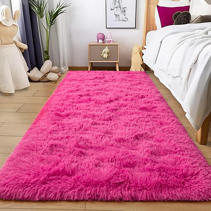Tepook Soft Runner Rugs for Bedroom 2x6 ft with Rubber Backing, Hot Pink Fluffy Rugs for Living Room, Shag Bedside Rug Fuzzy Plush Carpet for Room, Area Rug for Dorm Nursery Hallway Indoor Home Decor