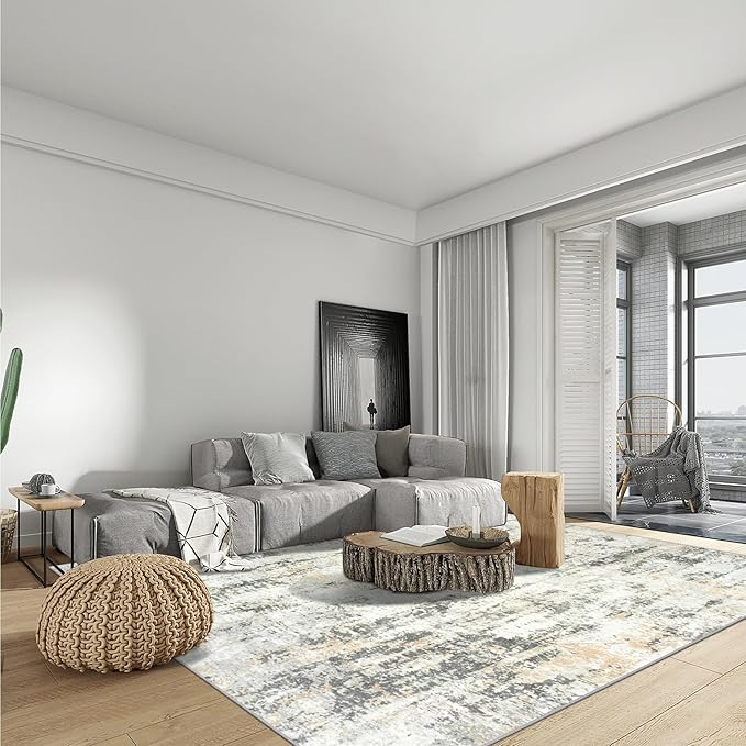 4x6 Area Rugs Washable Rug: Modern Abstract Living Room Rug Soft Anti-Skid Thin Carpet Indoor Floor Non-Shedding Carpets for Bedroom Dining Room Farmhouse Nursery Home Office - Grey Brown