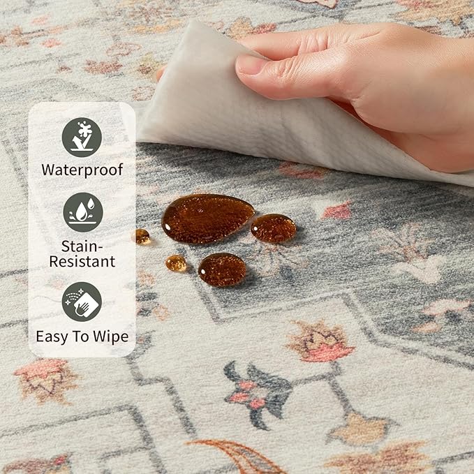 4x6 Washable Area Rug for Living Room, Vintage Neutral Boho Rugs for Office, Dining Room, Kids Room, Farmhouse, Durable Low Pile Non Slip Carpet for High Traffic Areas, Taupe