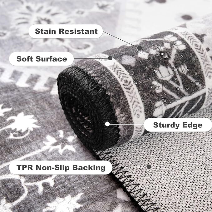 6x9 Washable Area Rug for Living Room, Black/Grey Boho Non-Slip Bedroom Rugs, Moroccan Floral Trellis Carpet Soft Low Pile Vintage Indoor Mat for Kitchen Laundry Room