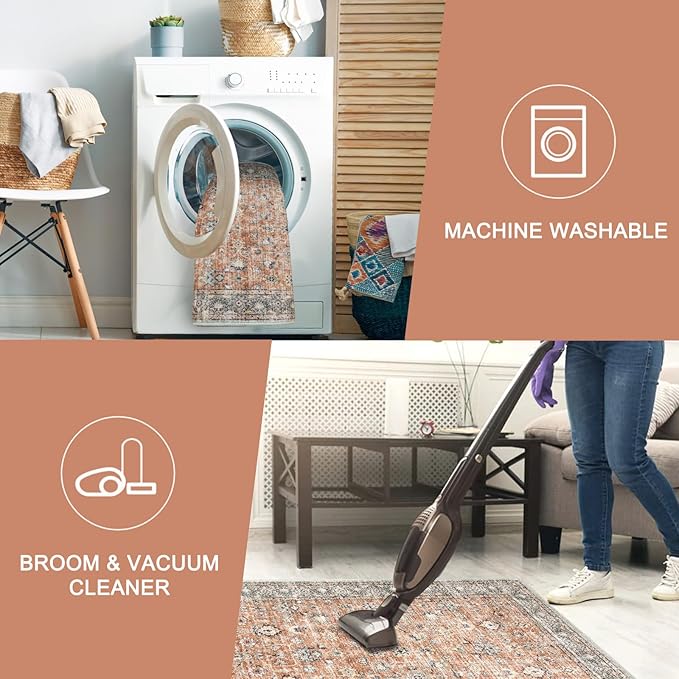 LIVEBOX 2x3 Washable Rug - Small Entryway Rug Indoor Door Mat Boho Low-Pile Indoor Rugs for Kitchen, Terracotta Distressed Doormat Non-Slip Retro Carpet for Bathroom Laundry Room