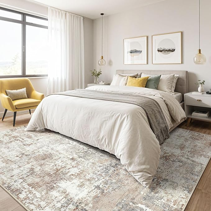 10x12 Area Rug Living Room: Washable Large Abstract Modern Soft Rugs Stain Resistant Indoor Floor Non Slip Accent Carpet for Bedroom Nursery Playroom Office Dining Room Dorm Home House- Brown