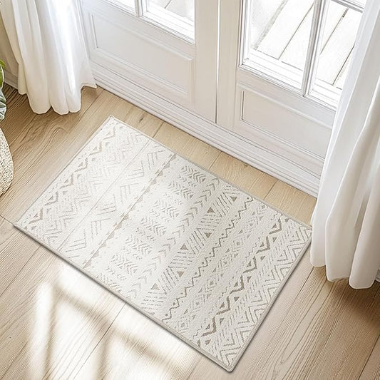 RYB HOME Machine Washable 2x3 Jacquard Door Rug, Non Slip 3D Textured Geometric Tufted Carpet for Entry Door, None Shedding Area Rug for Kitchen Bathroom Hallway, Beige