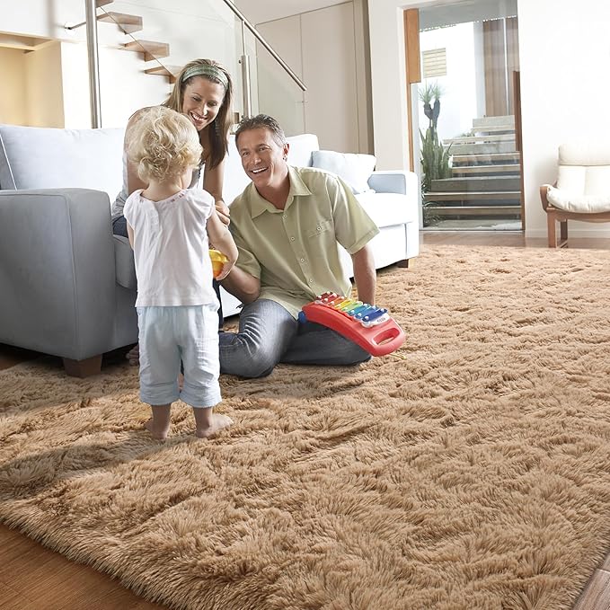 YJ.GWL Area Rugs for Living Room Bedroom, 8x10 Machine Washable Large Beige Carpet, Soft Fluffy Shaggy Thick Big Shag Indoor Floor Rug for Kids Boy and Girls Room Dorm Home Decor Aesthetic