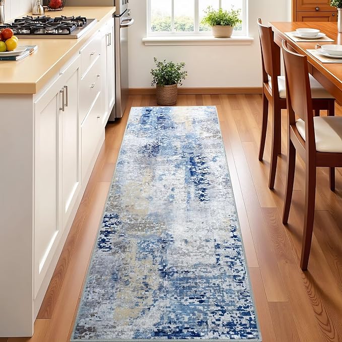 Washable Abstract Runner Rug, 2x6 Modern Area Rugs with Non-Slip Rubber Backed for Kitchen, Thin but Soft Contemporary Carpet Bedroom Entryway Hallway Decor, Midnight Blue