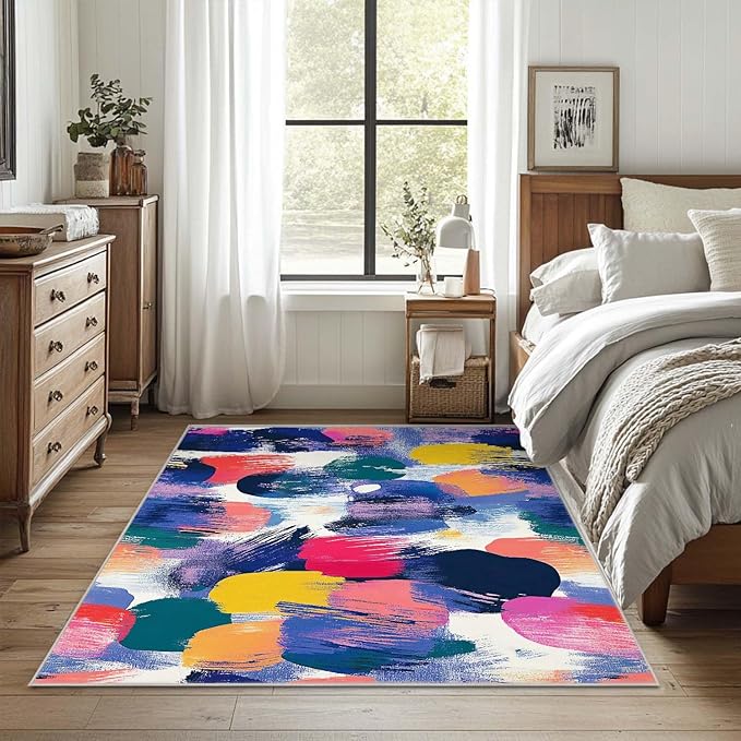4x6 Rug Abstract Colorful Area Rug Bedroom Ultra-Thin Soft Low Pile Large Carpet Living Room Non Slip Dining Room Office Stain Resistant Washable Machine