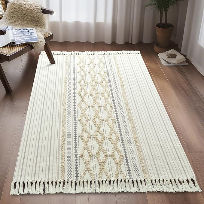 Washable Boho Cotton Rug, Modern Farmhouse Tufted 4x6 Area Rugs with Tassels, Cute Bohemian Chic Accent Bedroom Rug Throw Carpet for Dining Living Room Entryway Indoor Kitchen Bedroom Dorm