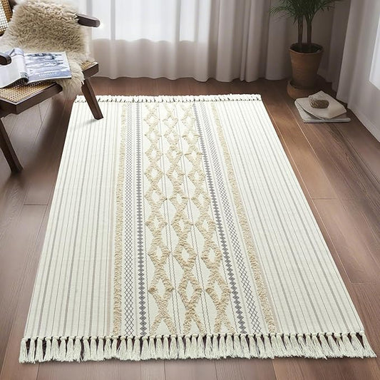 Washable Boho Cotton Rug, Modern Farmhouse Tufted 4x6 Area Rugs with Tassels, Cute Bohemian Chic Accent Bedroom Rug Throw Carpet for Dining Living Room Entryway Indoor Kitchen Bedroom Dorm